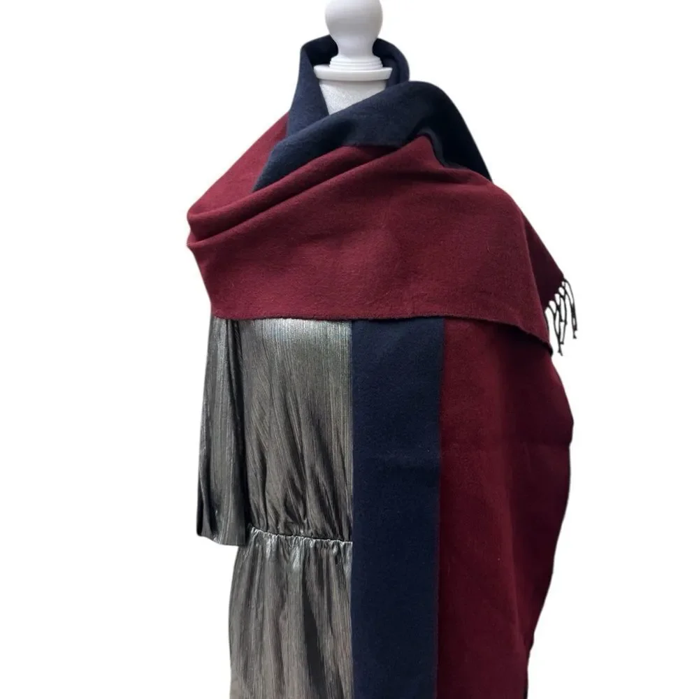 Hermes Bordeaux & Navy Blue 100% Cashmere Kasak Fringed Shawl Wrap Scarf Auth